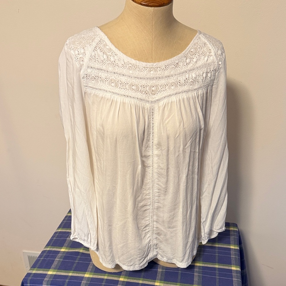 Prana long sleeved flowy white  top with lace yoke size medium
